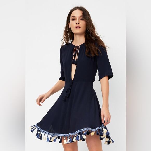 Revolve Tularosa Tallulah Blue Tassel Hem Mini Dress XS Plunge Neckline Boho - Picture 7 of 16